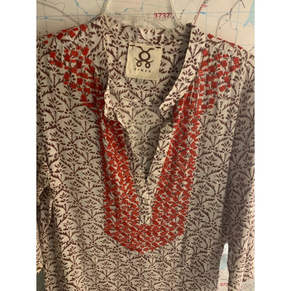 FIGUE 3/4 Sleeve Brown Leaf and Orange Beaded tunic top flaw large - Picture 13 of 15